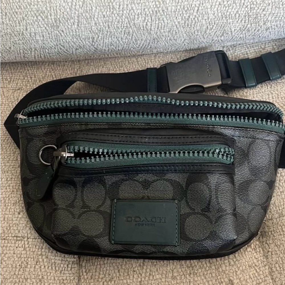 Coach Black and Green Belt Bag with Signature Style